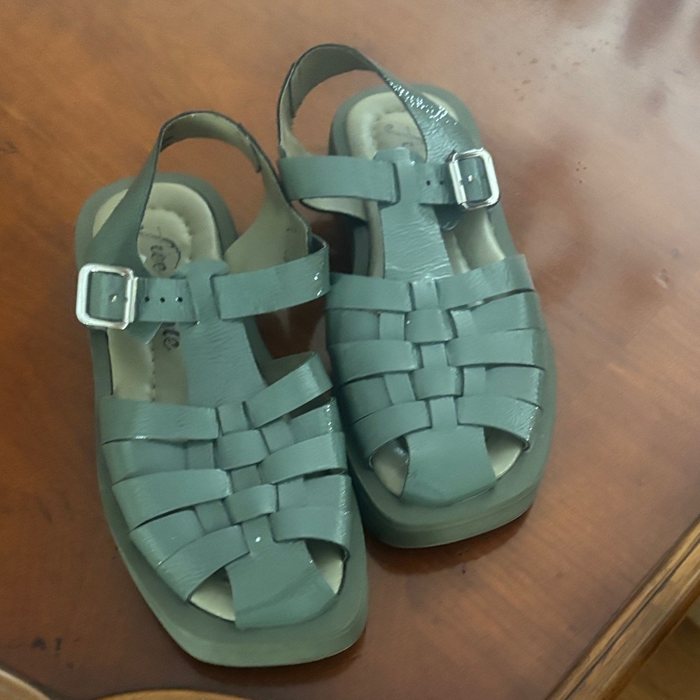 Free People Sage Green Woven Leather Slingback Sandals